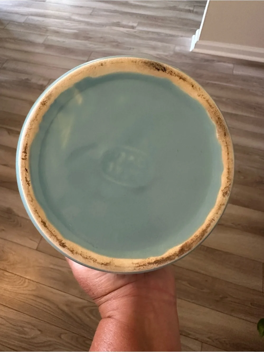 Ceramic Covered Casserole Bean Pot in Aqua with Blue Floral Motif Cronin